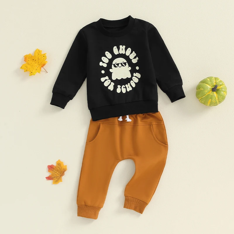 Conjunto de roupas de Halloween de 2 peças para bebês meninos, moletom gola redonda, calças de cintura elástica com cordão, impressão fantasma, manga longa, letras, 0-3Y