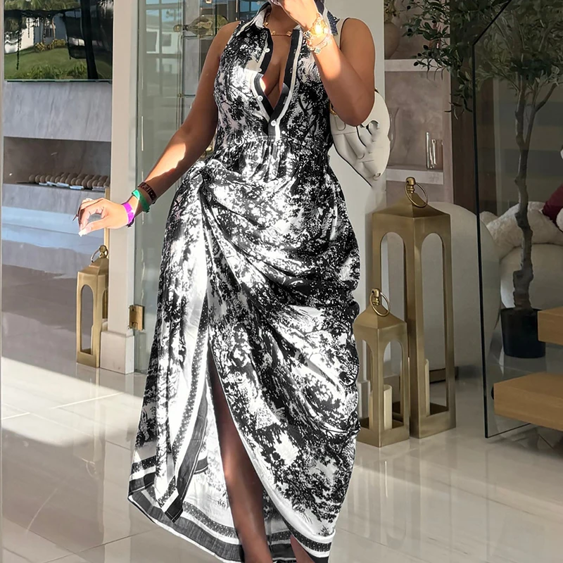 Retro Pattern Printed Button High Waist Dress Casual Women's Lapel Sleeveless Shirt Dress New Summer Fashion Split Beach Dresses
