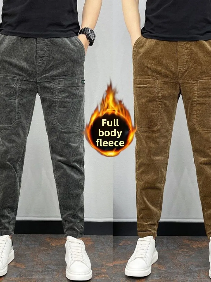 

Мужские вельветовые брюки с начесом, корейский стиль, повседневные, с эластичным поясом, облегающие, свободные леггинсы, зимние длинные брюки