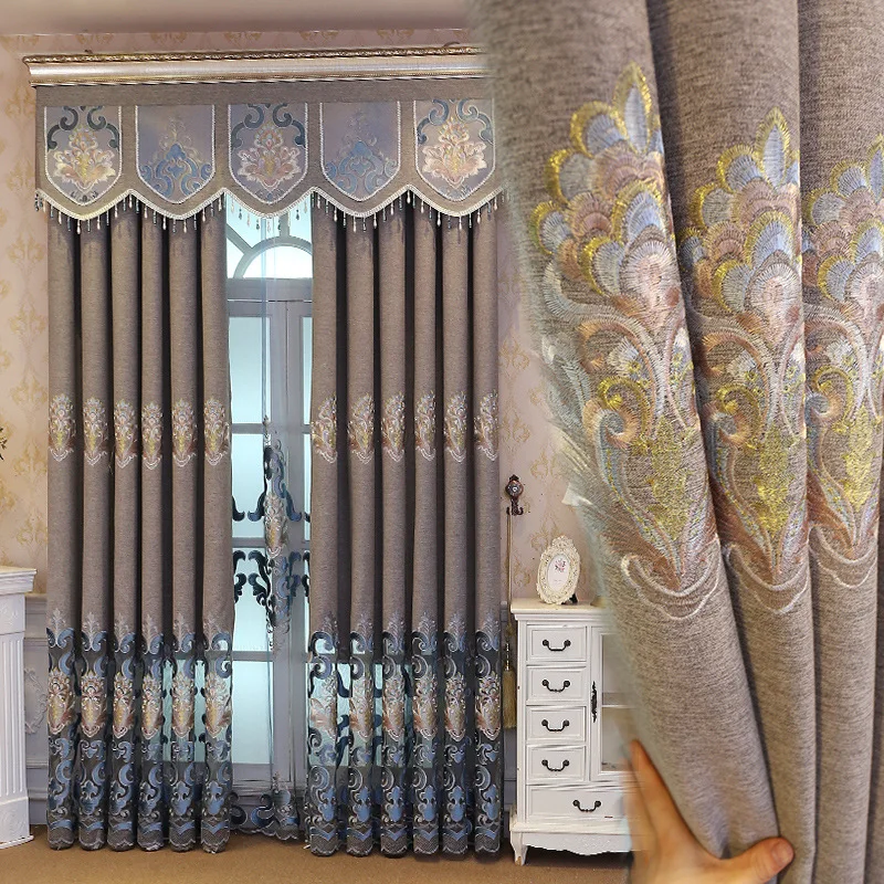 

Nordic Style Embroidery Blackout Custom Size Luxury Elegant Gray Brown Window Curtains for Living Dining Room Bedroom Villa Home