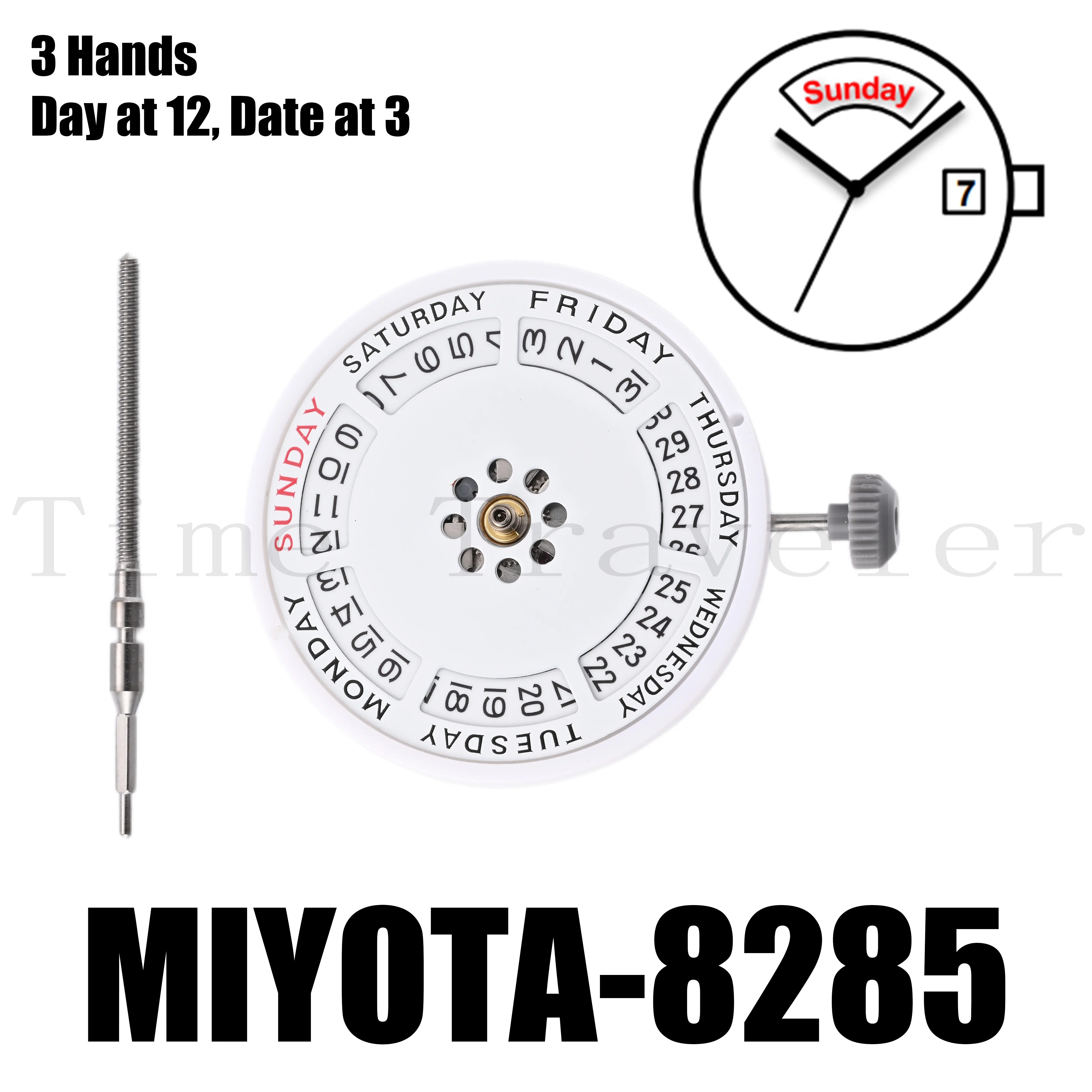 

8285 Movement Miyota 8285 Movement 3 Hands Day at 12 Date at 3 Automatic and hand winding Quick date setting