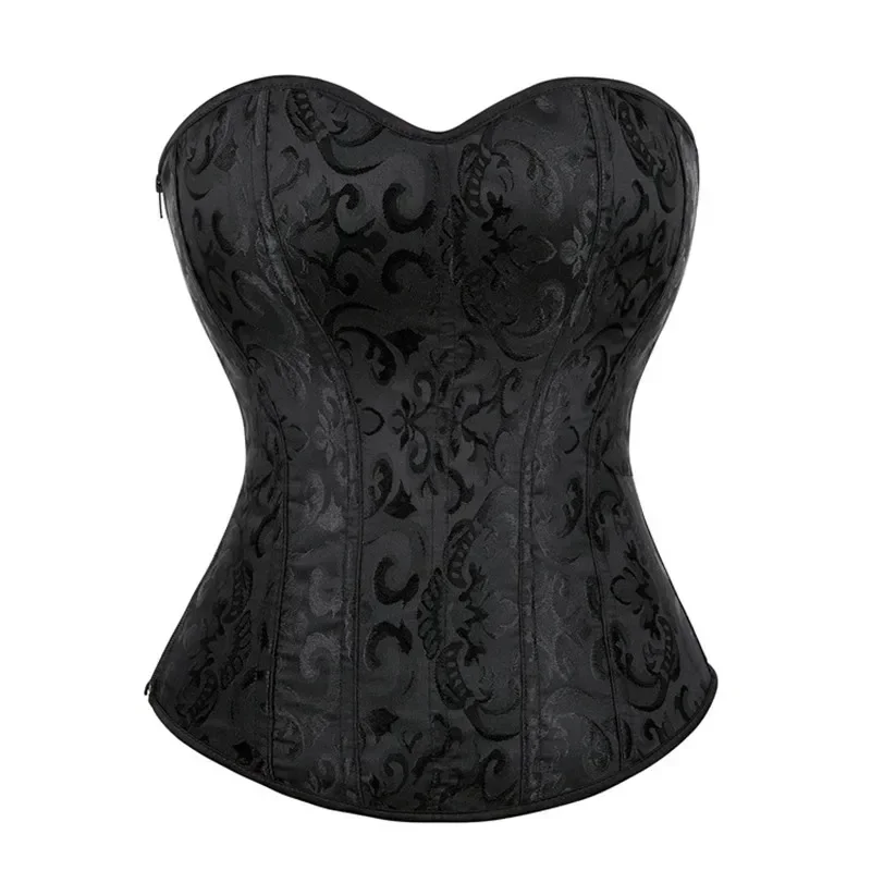 Women Vintage Corset Black Lace-Up Overbust Corset Plus Size Floral Jacquard Corselet Zipper Top Gothic Steampunk Bustier