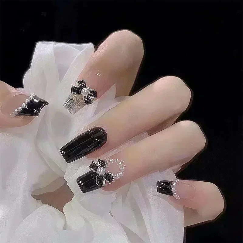 

24Pcs Black Bow Detachable Fingernails Ballerina Wearable Fake Nails Press on Square Head False Nails Full Cover Nail Tips