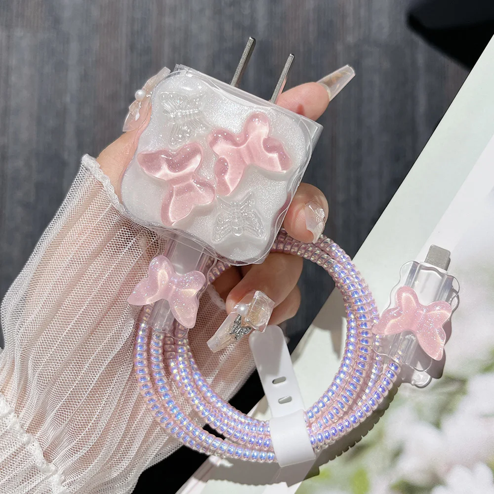 Crystal Pink Butterfly Charging Data Cable Protector Winder Accessories for iPhone 18/20w Cartoon Charger Protective Cover Bits
