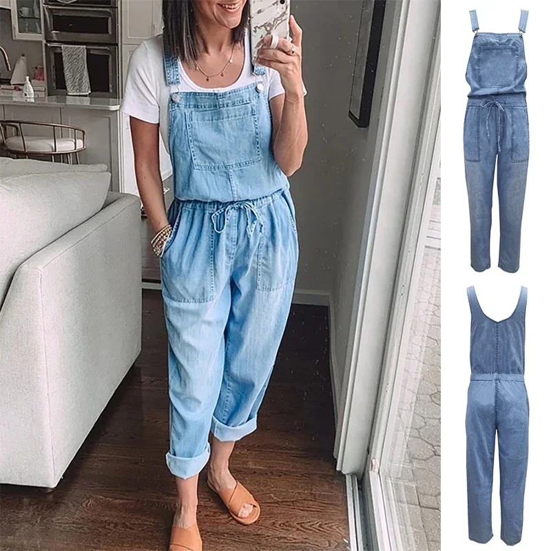 Helisopus-Women's Soft Denim Jumpsuit, High Waist, Monochromatic Jeans, Loose Drawstring Overalls, New
