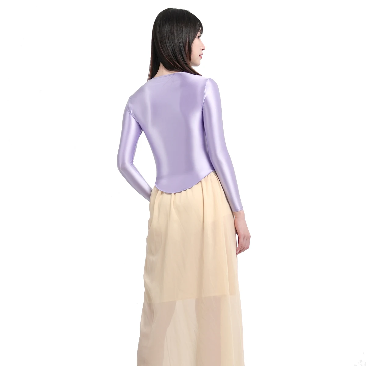 MJINM Oily Glossy Smooth Stretch Arc Hem Longsleeve O-neck Classic Tops Tight Elegant Yoga Sports Fitness Gym T-shirt Undershirt