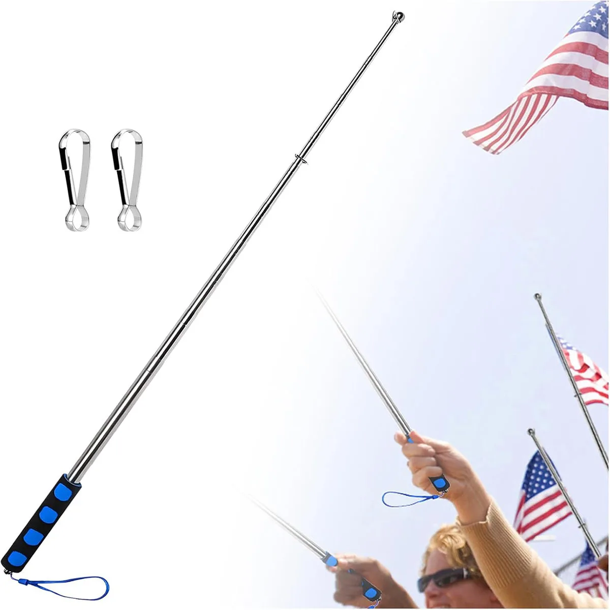 48 Zoll 5-teiliger Teleskop-Fahnenmast – nur Stab aus Edelstahl (Flagge nicht im Lieferumfang enthalten), Schwammgriff, für Veranstaltungen/Fußball/Banner/Touren