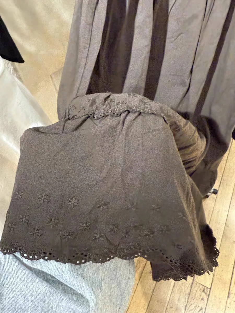 Jupe longue marron brodée de fleurs, garniture en dentelle, taille basse, ligne a, en coton, Style Preppy, couleur unie, douce, Y2k, automne