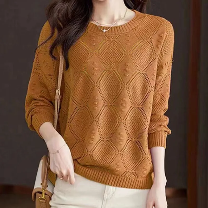 2024 Women\'s Spring and Autumn New Fashion Round Neck Solid Hollow Out Knitted Sweater Loose Long Sleeve Pullover Versatile Tops