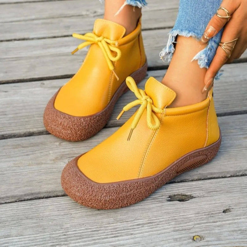 Ladies Bootswinter Fashion Casual Round Head Flat Bottom Short Tube Solid Color Front Lace-up Fashion Boots Work Shoes Plus Size