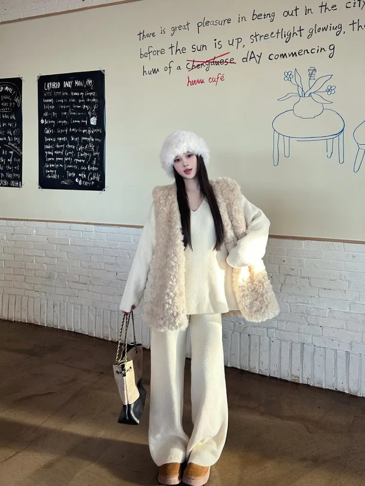 

Комплект из трех предметов: утепленный вязаный свитер с V-образным вырезом из овечьей шерсти, повседневный женский модный костюм в весеннем расслабленном стиле, с длинными рукавами, с хлопковым наполнителем