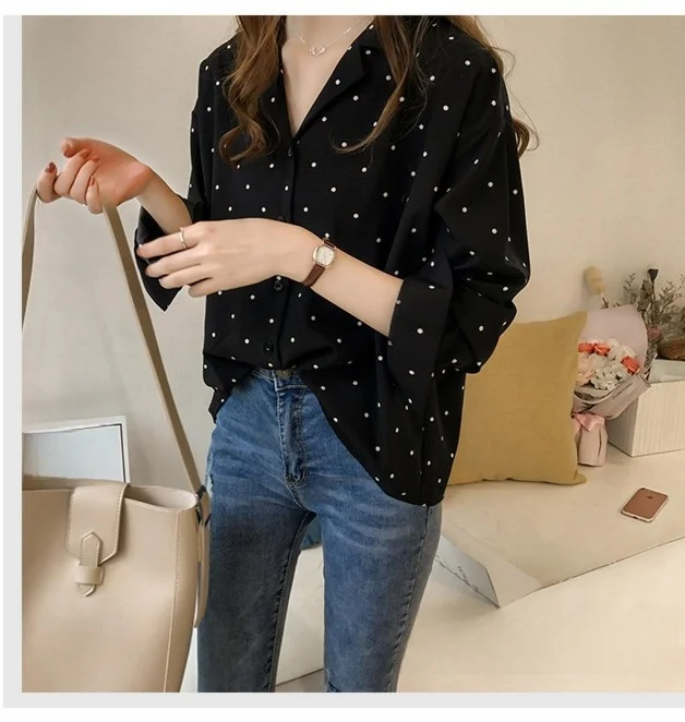 

Winter Autumn Women's Long Sve Ne Blouse T-irt Ladies Commute Sle Clothing round Dot Pattern Regular Length