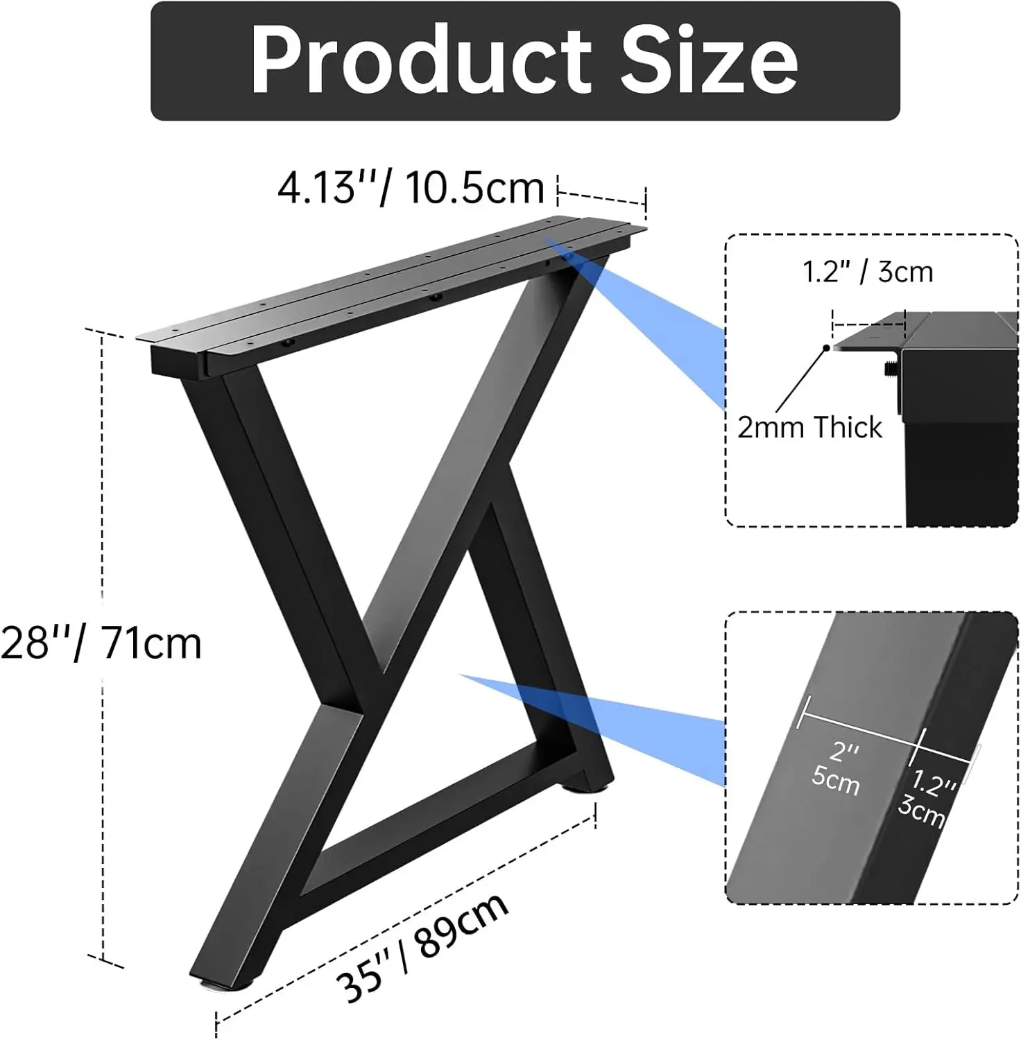 Table Legs Heavy Duty, 28”H x 35”W, Metal Furniture Legs for Dining Desk Bench and Coffee Table, Industrial Black DIY Iron Bench