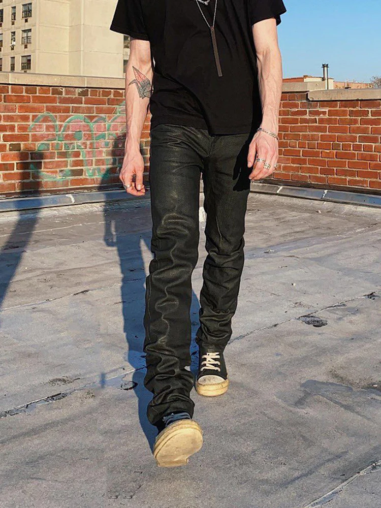 High Street Dark Ro Jeans Pants Classic Men's High Street Dark RO Wax Coating Process Slim Fit Basic Simple Long Denim Pants