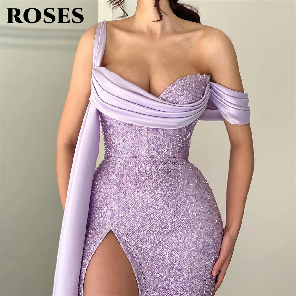 Rose abiti per occasioni speciali con una spalla abito formale lilla con paillettes abiti da sera lunghi con abiti da festa con spacco alto