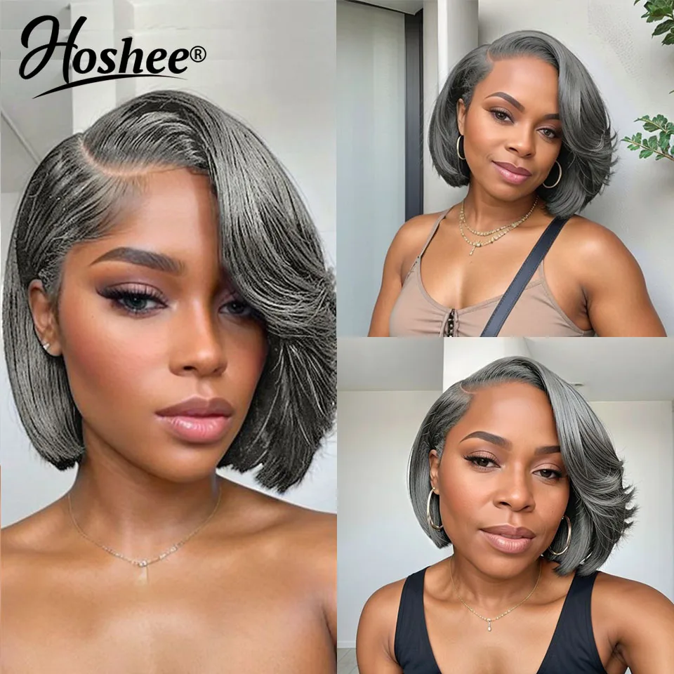 Dark Grey Lace Wig 100% Human Hair Highlight Platinum Short Bob Wig 13X4 Lace Frontal Wig Clearance Lace Closure Wigs