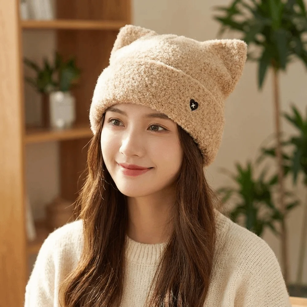 Ins Style Polyester Cat Ear Hat Soft Fluffy Comfortable Beanie Hat No Pressure On Head Stylish Warm Knit Cap Daily