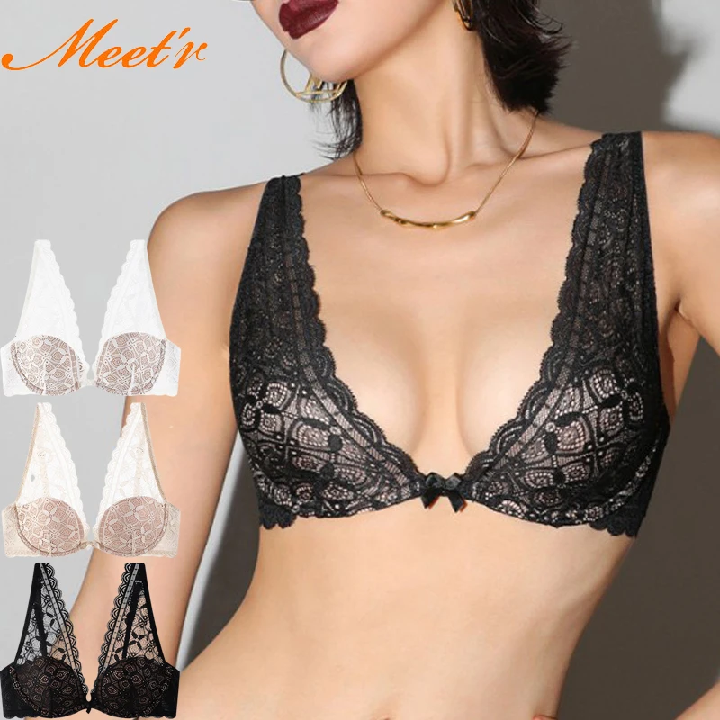 Meet'r-sujetador francés Sexy para mujer, ropa interior push-up de encaje con escote en V profundo, lencería Popular para mujer en Europa y América