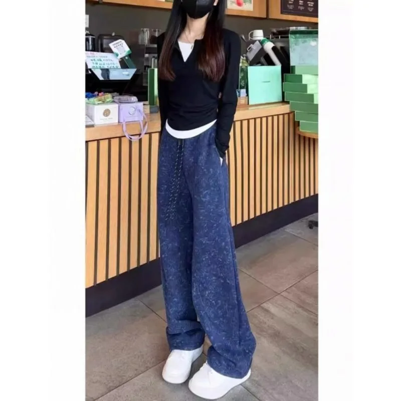 Pantalon de survêtement chaud et décontracté pour femme, en forme de poire, teint par nouage, polaire, grande taille, amincissant, jambes larges, coupe incurvée, automne hiver