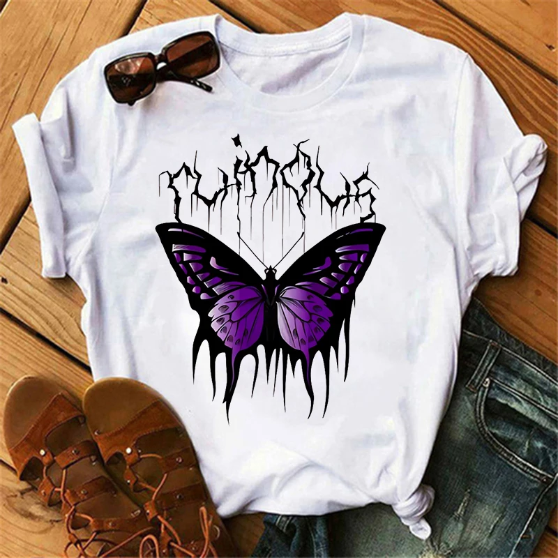 Women\'s Butterfly Tree Print Harajuku T-Shirt Round Neck Top Short Sleeve Casual Summer Tee Shirt