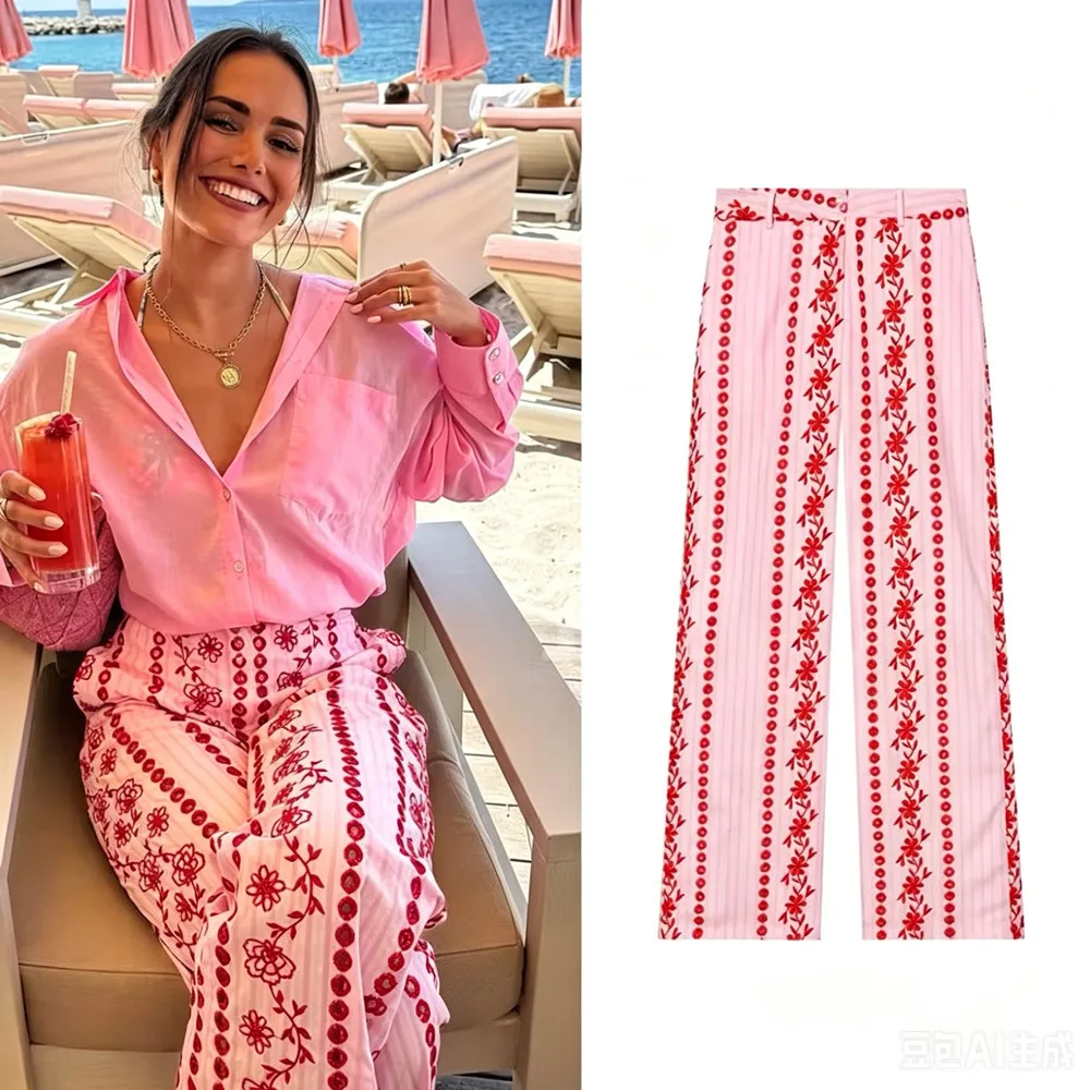 Boho-Chic Bestickte Rosa Hosen für Damen, Weites Bein, Vintage Lange Hosen, Mode 2026 Sommer Herbst, Blumen- und Streifenmuster Hosen für Frauen