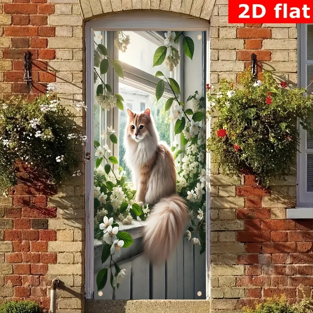 4 Grommets Door Banner Curtain Featuring A Cat Enjoying Flowers on A Windowsill Polyester Fiber 1pc Kitten Durable Digital Print