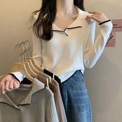 Women Clothing Chic Polo Collar Long Sleeve Knit Pullover Autumn Winter Elegant Loose Solid Tops Office Lady All-match Sweaters