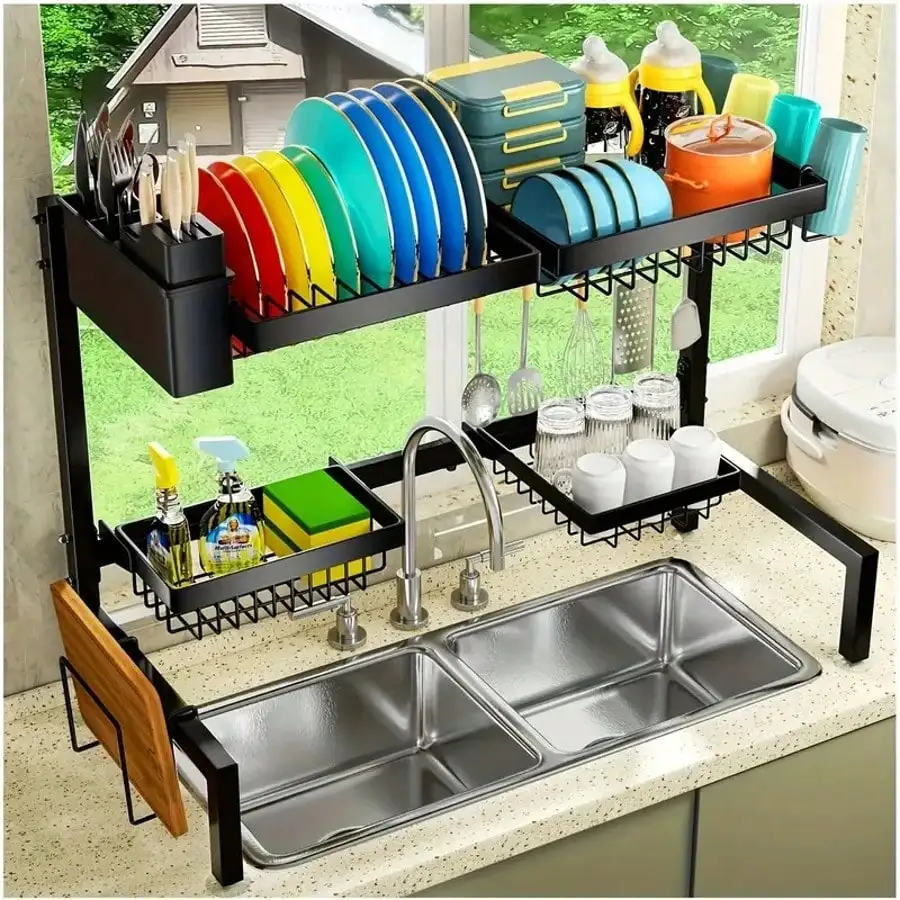 

Adjustable Over Sink Dish Drying Rack-Multifunctional Kitchen Organizer With Utensil Holder,Cutting Board Storage&Drain Basket