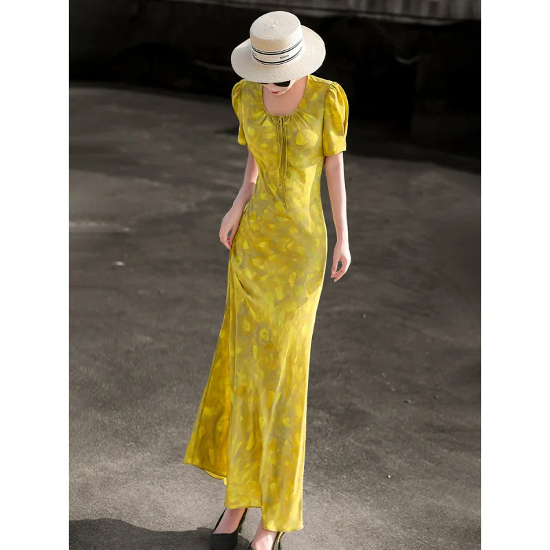 

MEXCOCO 2026 Summer New French Elegant Long Dress, Round Neck Tie Waist Slim Midi Dress, Asymmetrical Cut Printed Dress