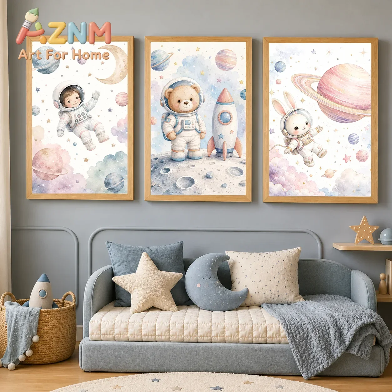 Nursery Wall Art Space Astronaut Animal Poster Print Canvas Painting Moon Planet Rocket Baby Room Wall Decor