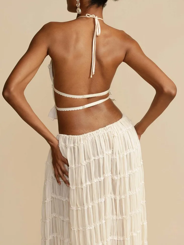 ECR Sexy Two Piece Sets For Women Round Neck Sleeveless Backless Tops High Waist Minimalist Skirt Casual Set Female Clothing New