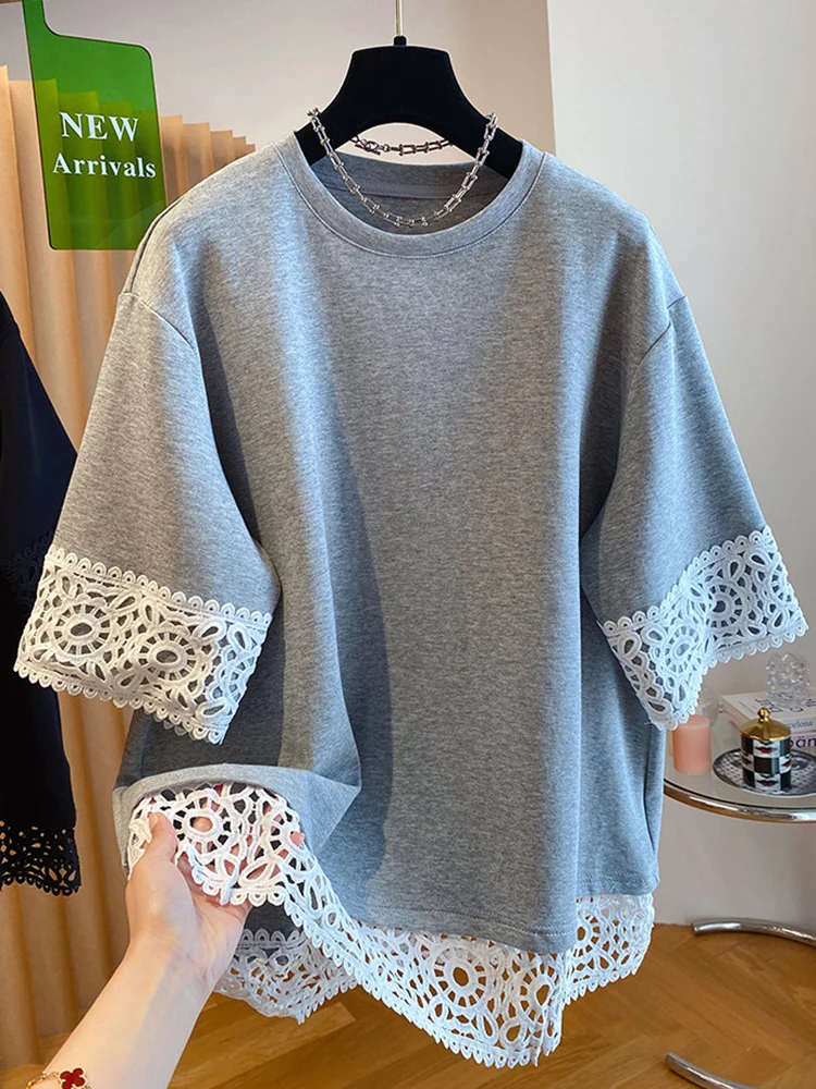 

Lace Splice ort Sve Pure Cotton T-irt Women's Summer New round Ne Casual Loose Lazy Sle Faionable Top