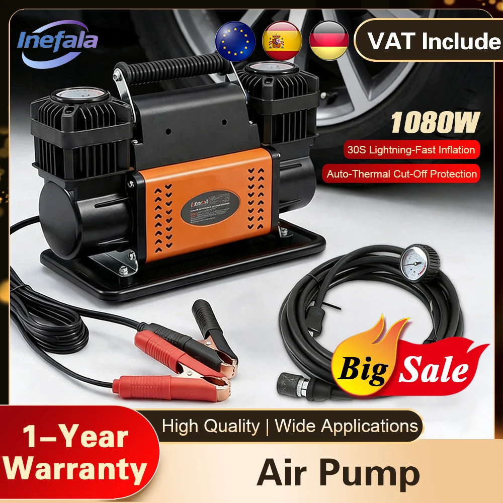 Inefala 1080W compresseur gonfleur de pneus voiture camions double cylindre pompe à Air 150PSI pompe à Air haute pression avec tuyau gonflable