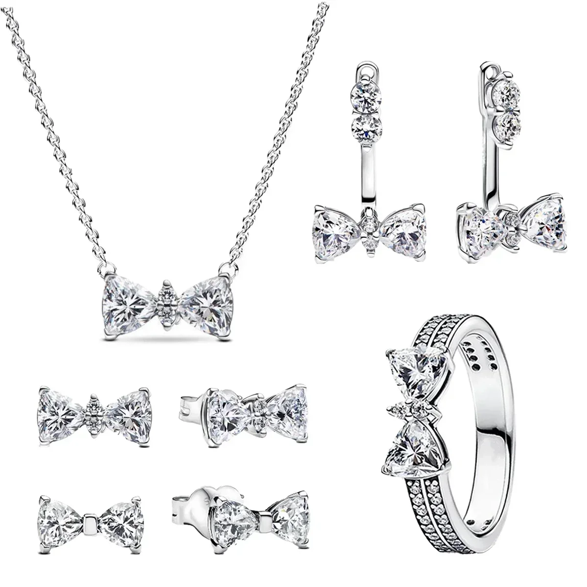 Pink Bow Set Original 925 Sterling Silver Colorful Zircon Ring Earrings Bracelet Necklace Original DIY Women's Jewelry Gift image 2