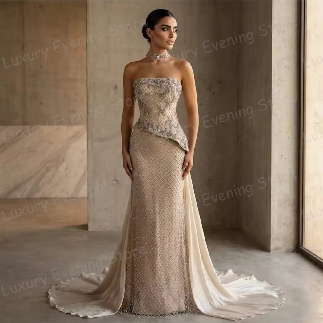 Luxury Evening Dresses Women Mermaid Strapless Sleeveless Prom Gowns Backless Fashion Beach Party Vestidos De Novia Customized