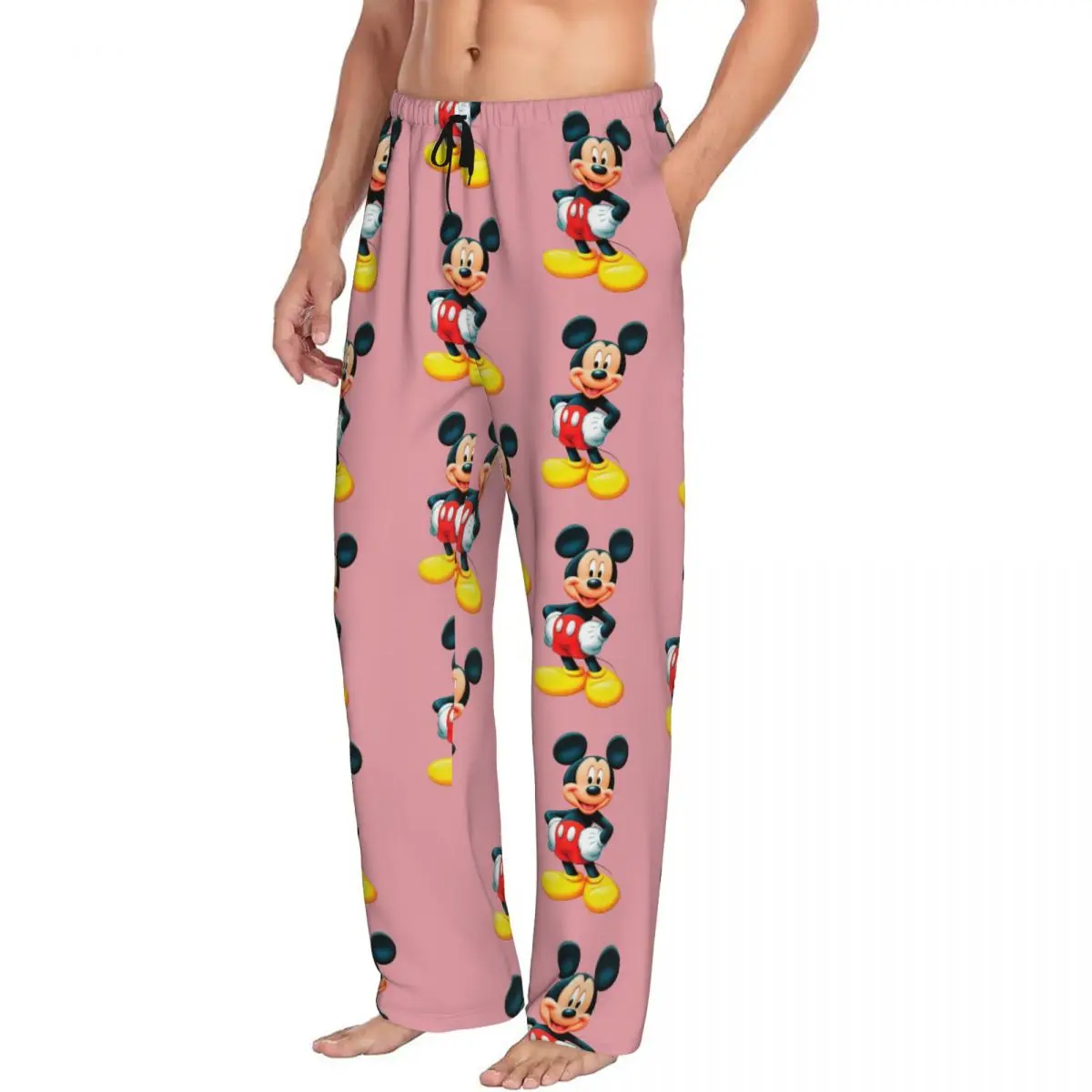 Pantalones de pijama personalizados de Mickey Mouse Minnie, ropa de dormir elástica con bolsillos para dormir y salón de dibujos animados para hombre