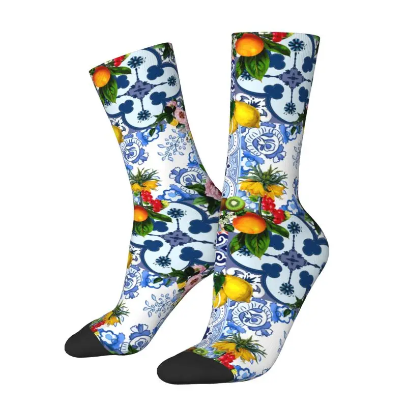 Custom Mediterranean Blue Sicilian Tiles Lemons Mens Crew Socks Unisex Kawaii Spring Summer Autumn Winter Dress Socks