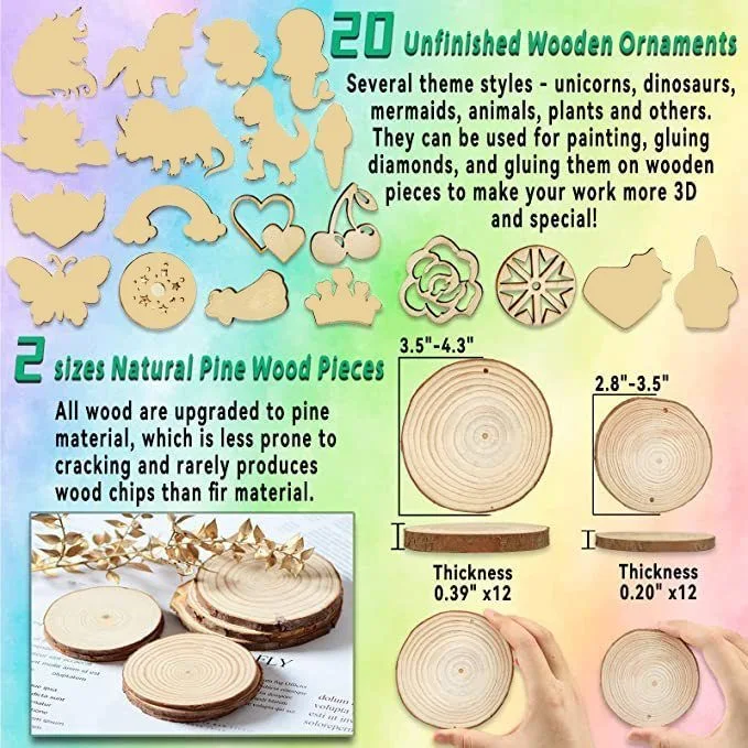 Kreatives DIY-Holzscheiben-Malset für Kinder, Bastelzubehör mit runden Aufklebern, Schnitzen und Diamantkunst, Eltern-Kind-Bastelspielzeug