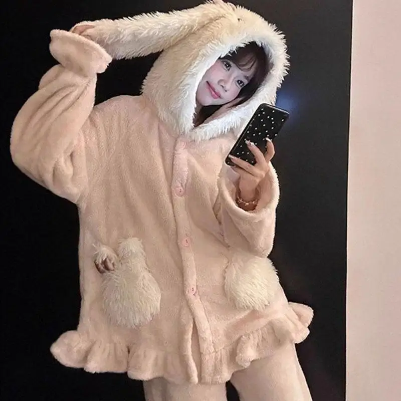 Women Cute Long Bunny Ear Hooded Pajama Set Winter Thick Coral Fleece Button Sleepwear Warm Flannel Loungewear Home Outfit gift