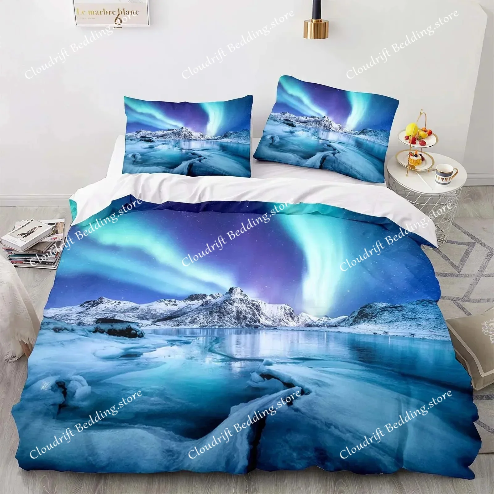 3D Print Landscape Duvet Cover Mountain Flowing Water Bedding Set Aurora Special Bedclothes with Pillowcases Teens Quilt Cover