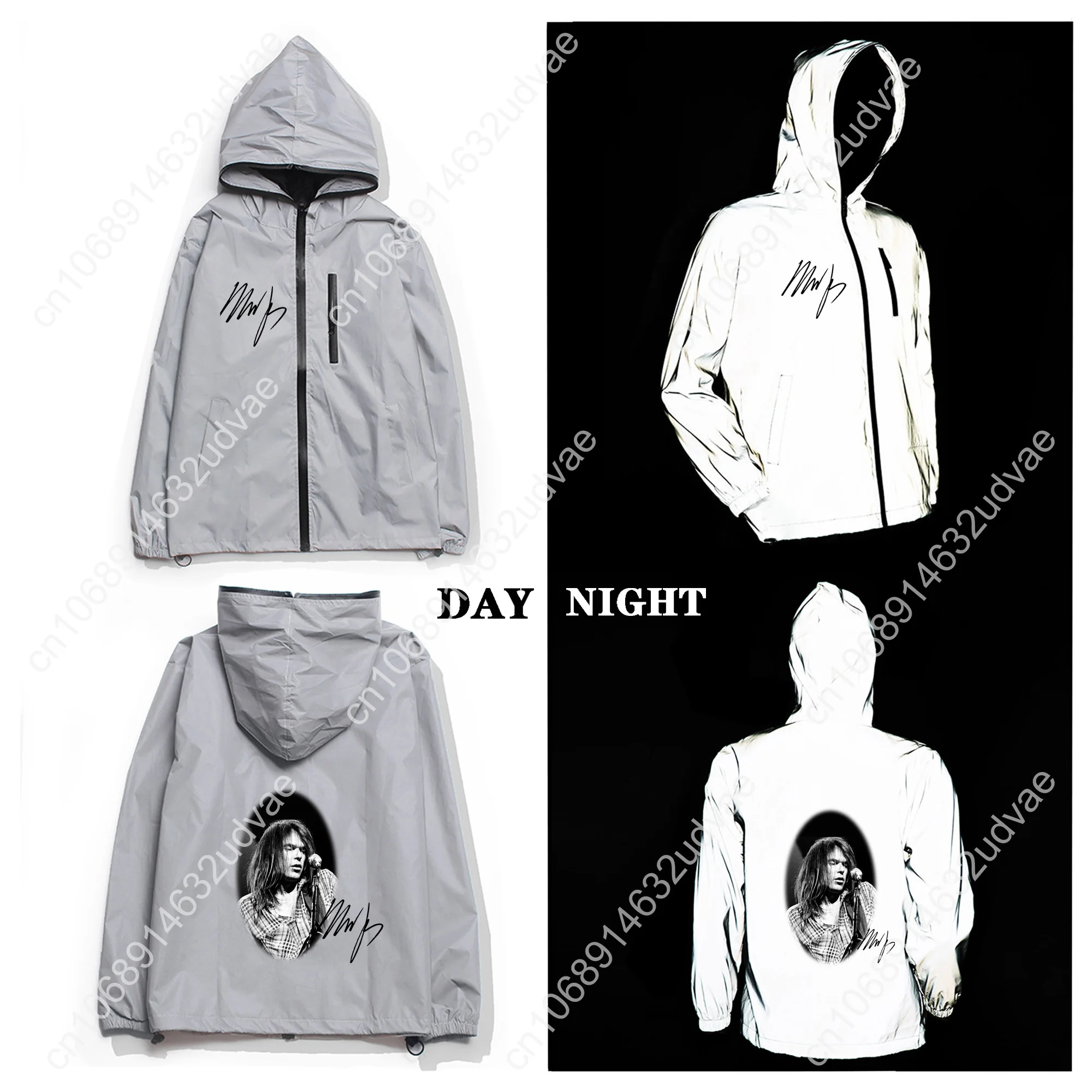 Neil Young Giacca riflettente Cappotto da donna da uomo Giacca a vento con cappuccio Giacche da corsa Ciclismo Escursionismo Felpa con cappuccio personalizzata con cerniera