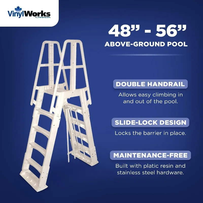 Vinyl Works SLA A-Frame 48 to 56 Inch Adjustable Above Ground Swimming Pool Ladder Entry System with Slide Lock Barrier,Handrail