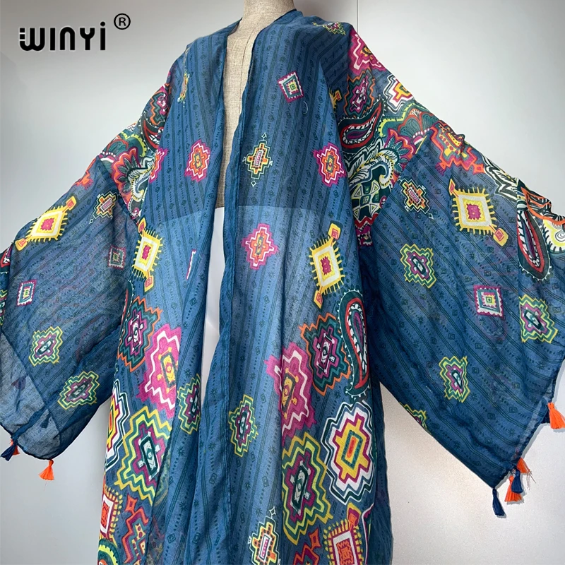 WINYI Boho Kimono Druck Frauen Mantel Lose Quasten Langes Kleid Strand Urlaub Schwimmen Cover Up Party Kleider Luxus Dubai Abaya