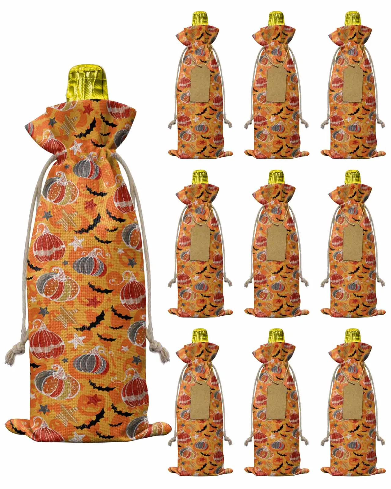 10pcs Halloween Hand-Painted PumpkinWine Bottle Bag with Drawstring Festive Party Decor Wine Bottle Covers Gift