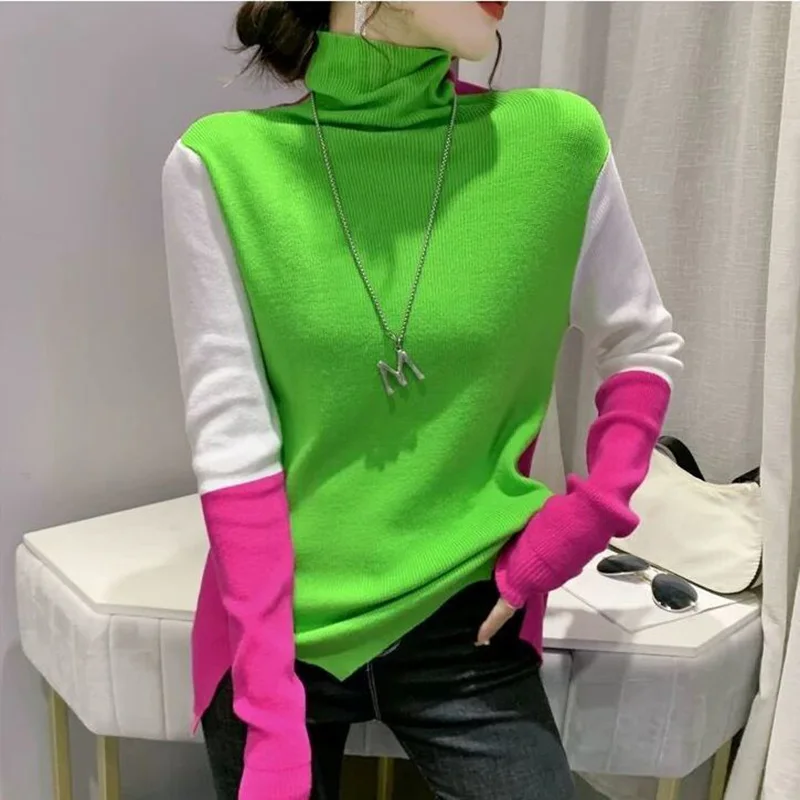 Stylish Turtleneck Knitted Spliced Loose Color Sweater Women\'s Clothing 2022 Autumn New Casual Pullovers All-match Korean Tops