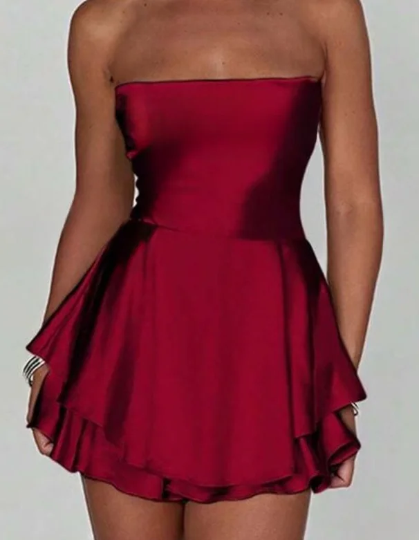 Vestidos de festa femininos francês sexy cetim cor sólida sem alças sem costas rendas até vestido feminino sexy high-end socialite mini vestido