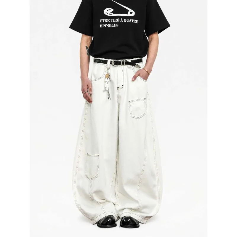 

Multi Pockets White Curved Knife Jeans Men American Style Baggy Denim Jeans High Street Top-stitching Design 2026