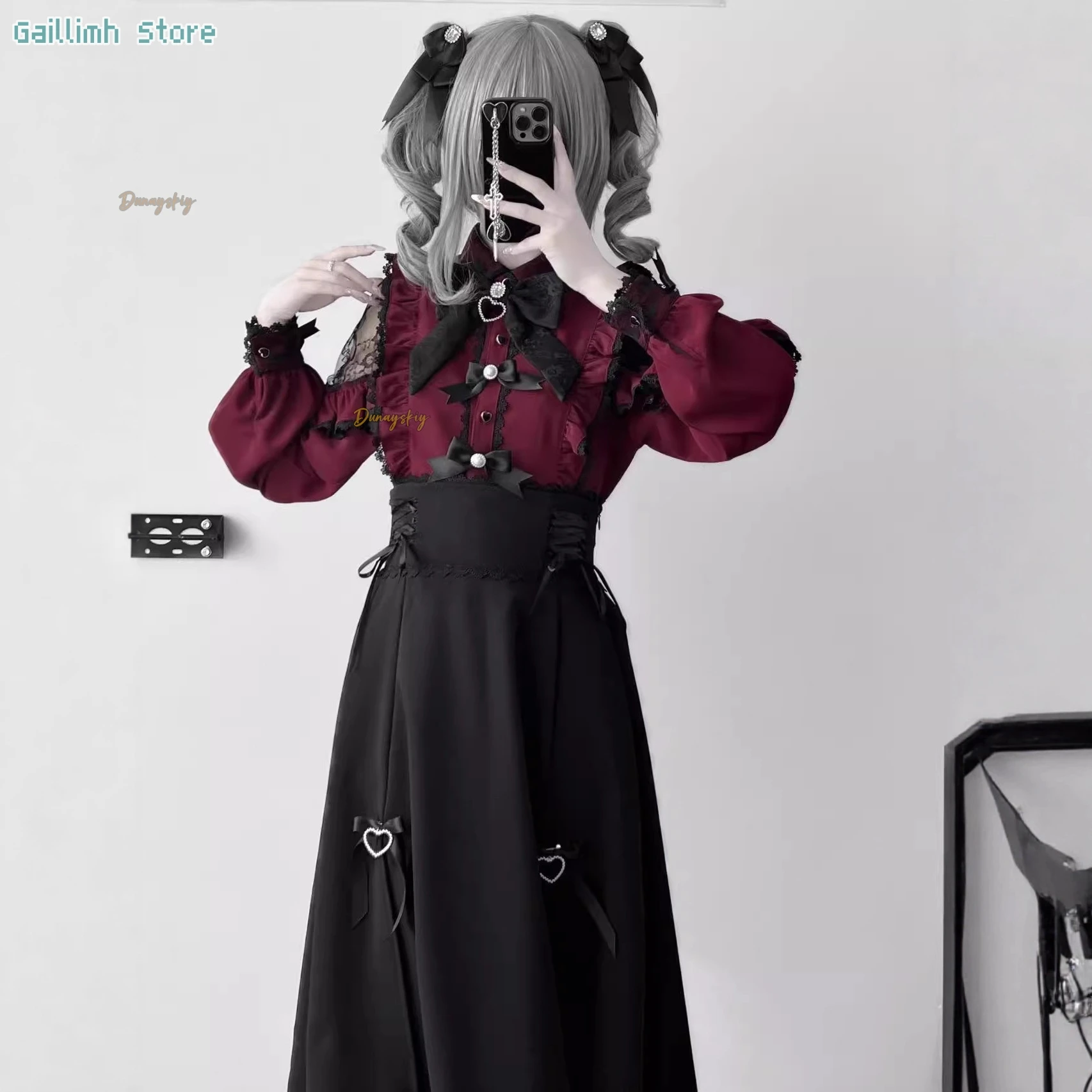 

Jirai Kei JK Skirt Uniform Cosplay Maid Burgundy Lace Blouse Dress Sweetheart Encounters Lolita for Girls Women Theme Party