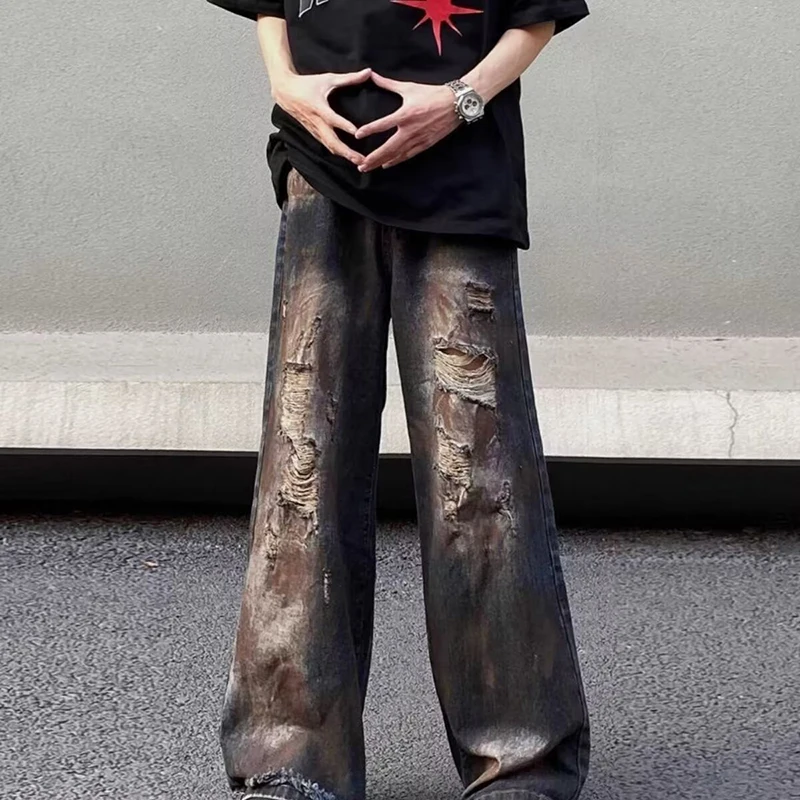 WTHT Vintage Heren Tie-dye Gat Burr Edge Doen Oude Denim Broek Mode Amerikaanse Stijl Rechte Wijde Pijpen Jean Mannelijke 2025 Zomer 2A1116