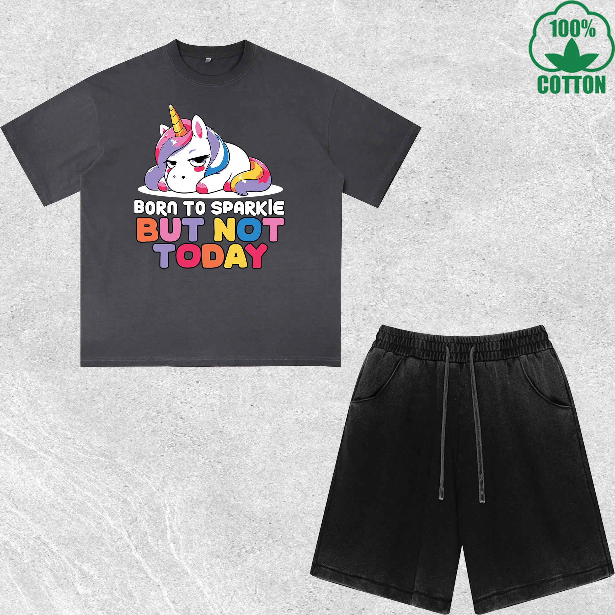 

Funny Unicorn Printed Dirty Wash T-Shirt Shorts Set Multicolor Combo Loose Trendy Fashionable 100%Cotton